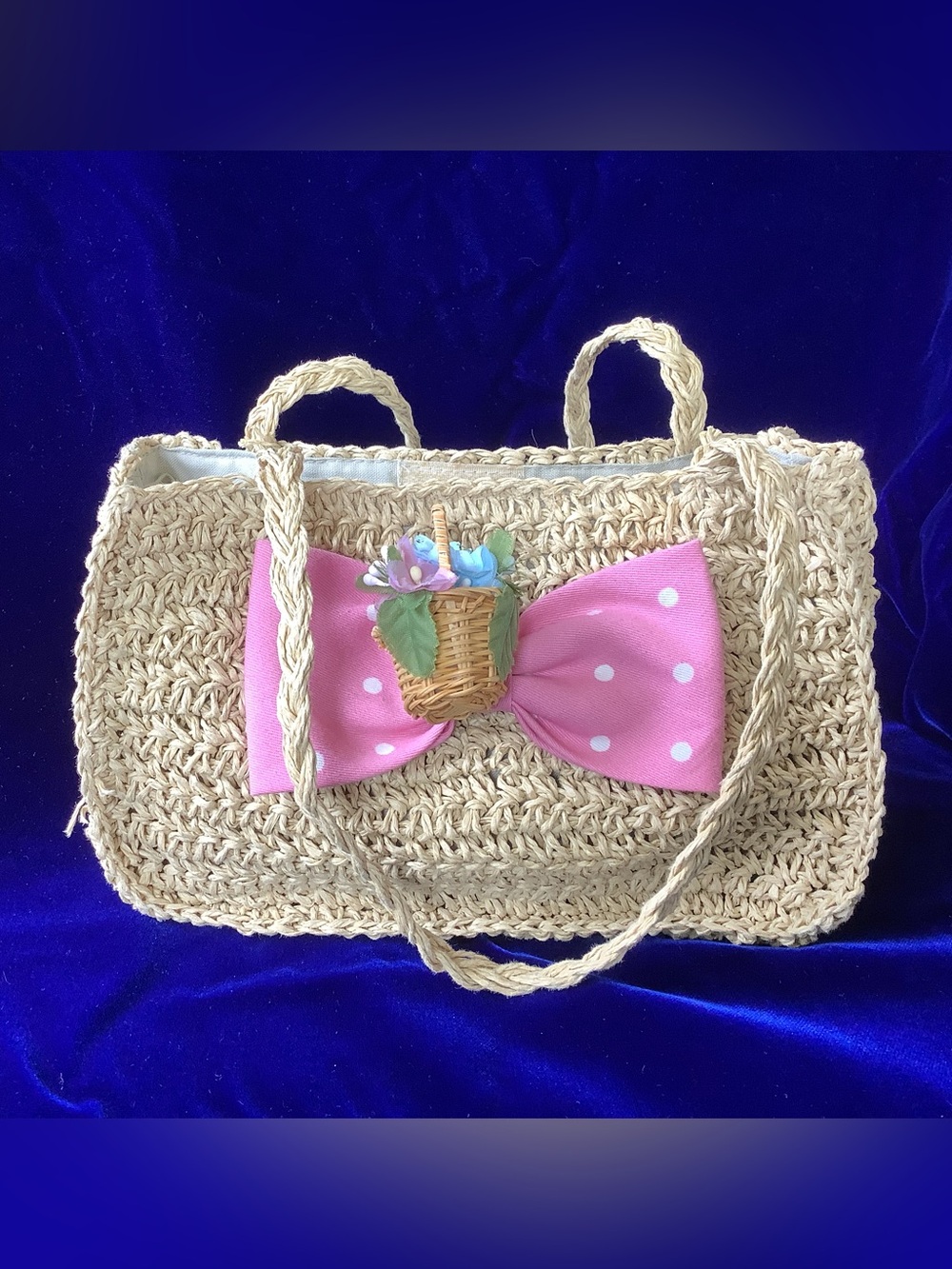 Kids Woven Tote Bag with Pink Polka Dot Bow and Flower Basket Accent